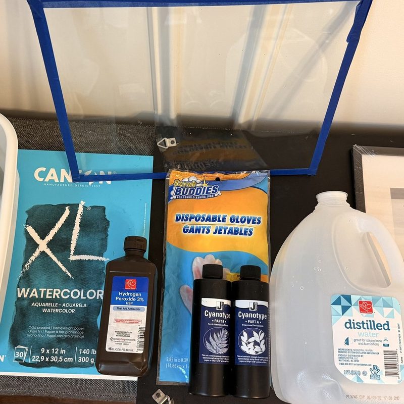 Module 1: Kristi's cyanotype supplies on the table: a 9x12 pad of 140-lb watercolor paper, disposable gloves, hydrogen peroxide, Jacquard cyanotype Part A and Part B, a jug of distilled water, and a glass frame